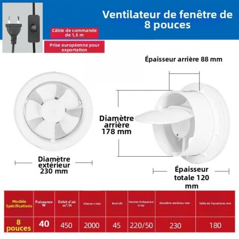 Extractor de aire de 230 mm, 2000 rpm, 450 m³/h, HRV, potente flujo de aire de CC, fácil de instalar, para baño, lavadero, garaje, 8 pulgadas
