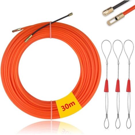 Extractor de cables eléctricos de 30 m con aguja de nailon, Φ4 mm, con 3 cabezales guía flexibles, aguja para enhebrar cables, para electricistas, para tirar cables eléctricos (Naranja)