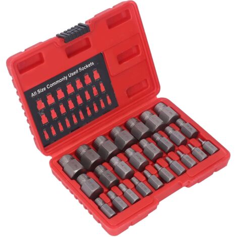 Extractor de pernos hexagonales de acero cromo-molibdeno con cabeza hexagonal, caja de almacenamiento de 25 piezas para extractores de tornillos dañados, escalas grabadas.
