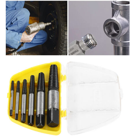 Extractor de tornillos para tornillos rotos – juego de acero de 6 piezas con caja amarilla para reparaciones domésticas y de automóviles.