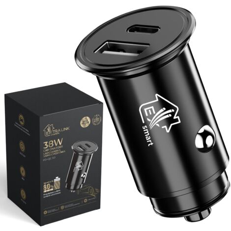 EXTRALINK Adaptador USB de 38 W 12 V para coche, 1 adaptador USB-C y 1 USB-A, Quick Charge 3.0, Power Delivery (PD), compatible con smartphones y tabletas, encendedor de cigarrillos USB, cargador de
