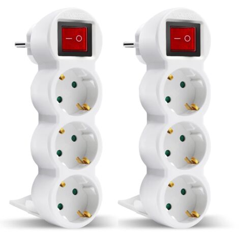 EXTRASTAR Adattatore piatto 3 in 1 con interruttore e tre prese Schuko, fino a 3680 W, 16 A, 250 V, bianco, 2 pezzi