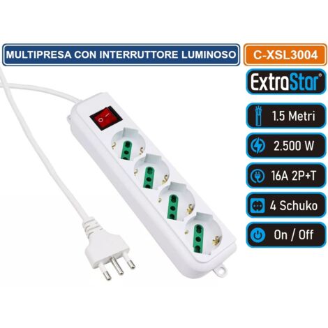 EXTRASTAR C-XSL3004 MULTIPRESA 4 POSTI 4 PRESE BIPASSO/SCHUKO COLORE BIANCO CON INTERRUTTORE GENERALE 2500 WATT
