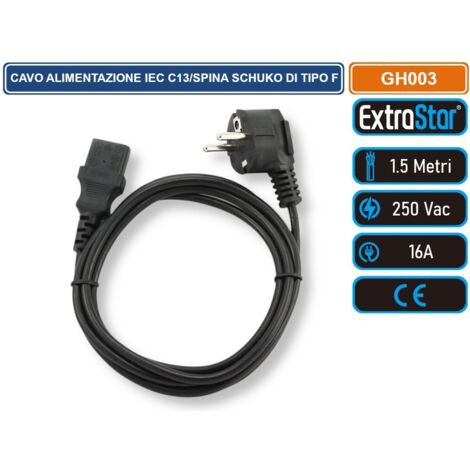 EXTRASTAR GH003 CAVO DI ALIMENTAZIONE 1,5 METRI IEC C13 SPINA TEDESCA SCHUKO DI TIPO F 16A 250VAC