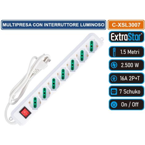 EXTRASTAR MULTIPRESA 7 POSTI BIPASSO SCHUKO 250V COLORE BIANCO CON INTERRUTTORE LUMINOSO 3500W 10/16A