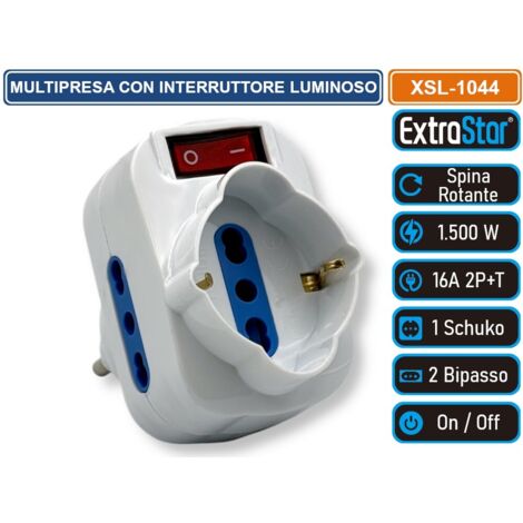 EXTRASTAR MULTIPRESA ADATTATORE TRIPLO COLORE BIANCO CON PROTEZIONE RIPRISTINABILE E SPINA ROTANTE 1500W 10/16A