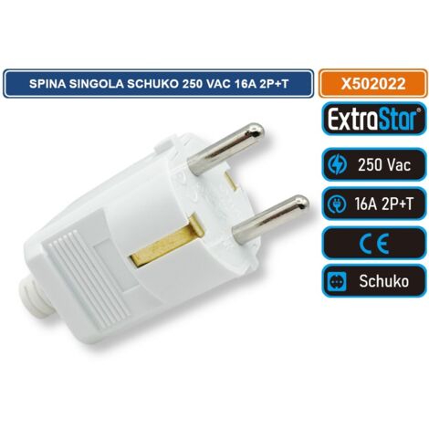 EXTRASTAR X502022 SPINA SINGOLA SCHUKO 16A 2P+T  250 VAC CON USCITA CAVO DRITTA COLORE BIANCO