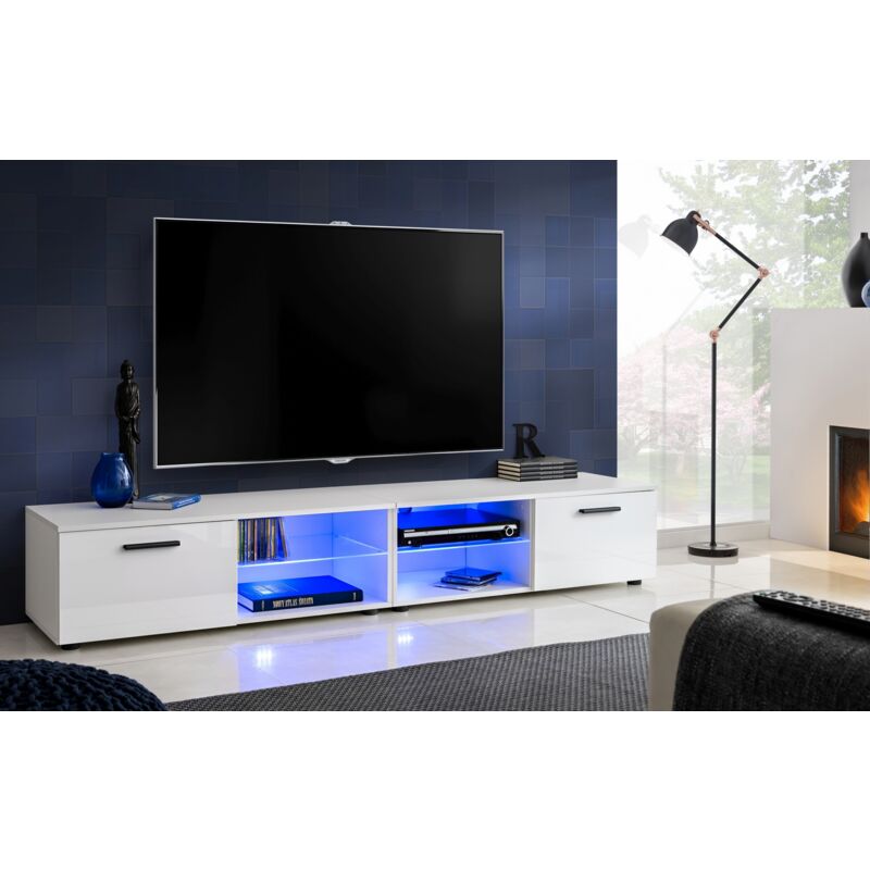 Extreme Furniture - Armoire tv T32-200, (LxHxP): 200 x 34,5 x 45, corps en Blanc Mat, Façades en Blanc Brillant, sans led