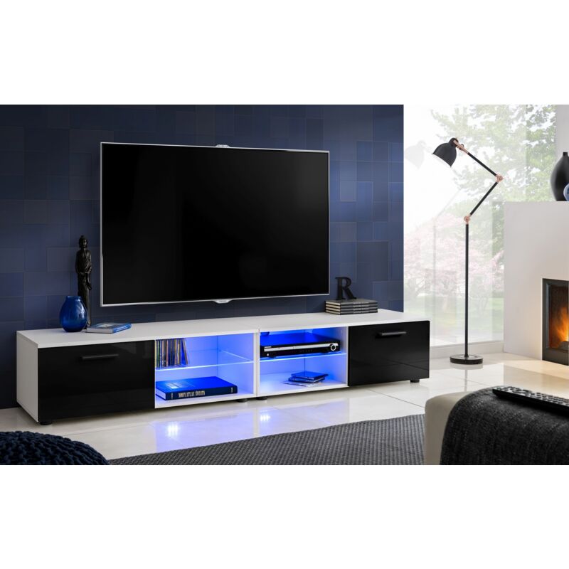 Extreme Furniture - Armoire tv T32-200, (LxHxP): 200 x 34,5 x 45, corps en Blanc Mat, Façades en Noir Brillant, led rgb