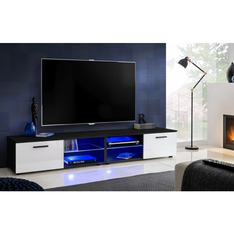 Extreme Furniture, Armoire TV T32-200, (LxHxP): 200 x 34,5 x 45, corps en Noir Mat, Façades en Blanc Brillant, sans LED