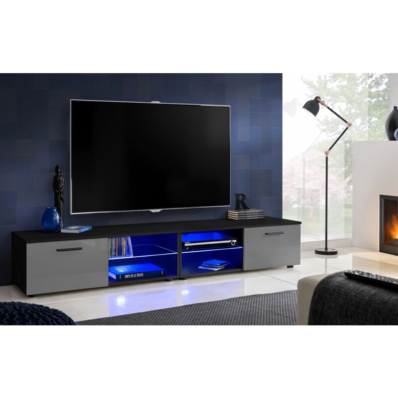 Extreme Furniture - Armoire tv T32-200, (LxHxP): 200 x 34,5 x 45, corps en Noir Mat, Façades en Brillant Gris, sans led