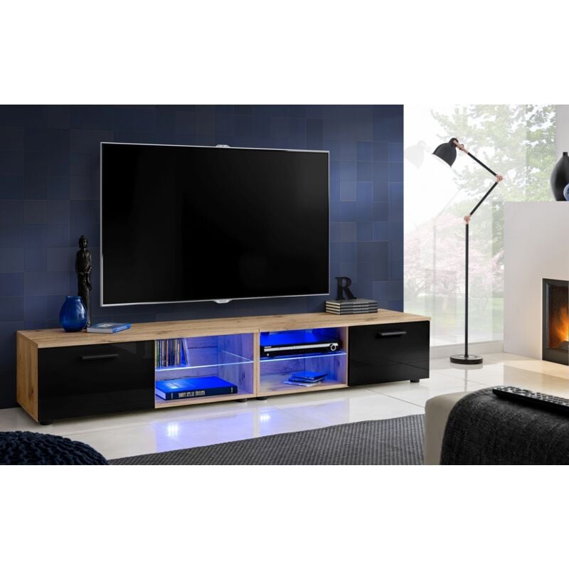Extreme Furniture - Armoire tv T32-200, (LxHxP): 200 x 34,5 x 45, corps en Wotan Mat, Façades en Noir Brillant, sans led