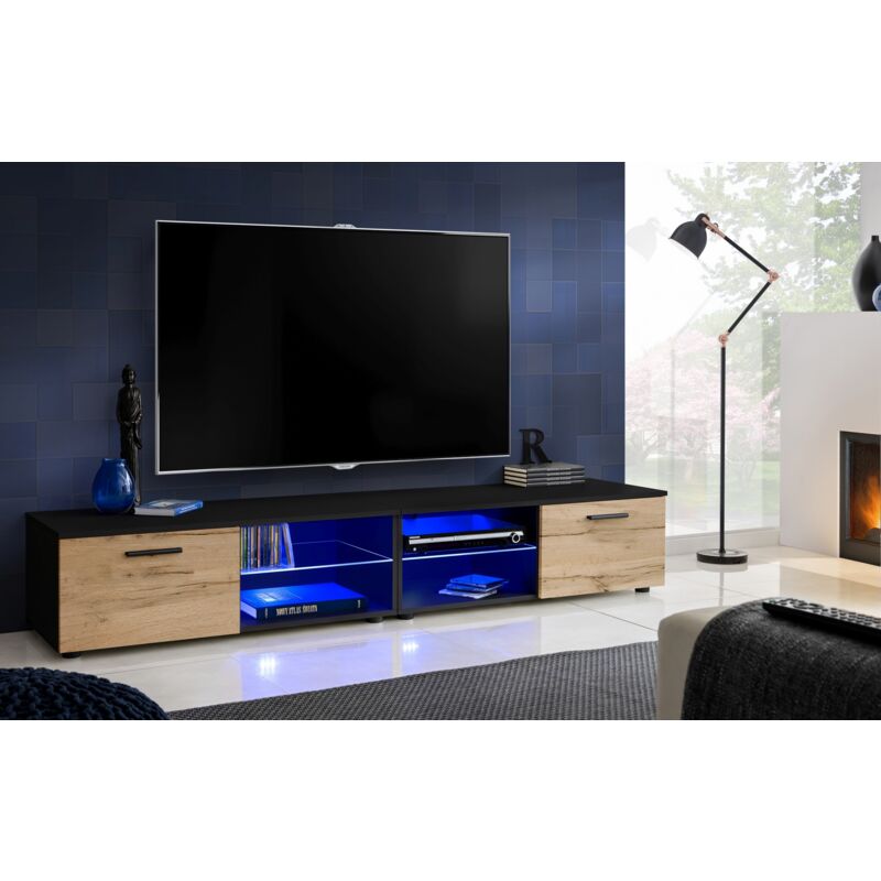 Extreme Furniture - Armoire tv T32-200, (LxHxP): 200 x 34,5 x 45, corps en Noir Mat, Façades en Wotan Mat, led rgb