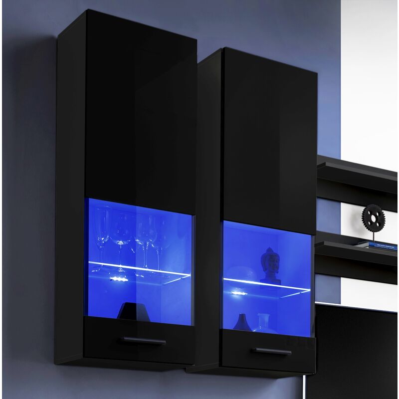 Extreme Furniture - Vitrine Murales Suspendue T51, (LxHxP): 40 x 120 x 29, corps en Noir Mat, Façades en Noir Brillant, led rgb
