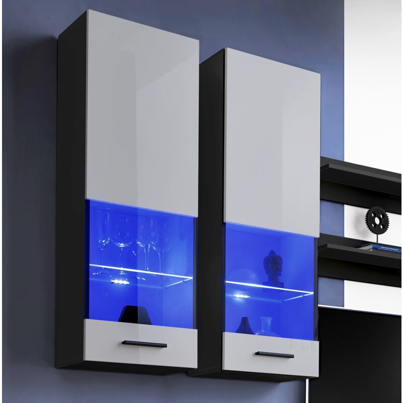 Extreme Furniture - Vitrine Murales Suspendue T51, (LxHxP): 40 x 120 x 29, corps en Noir Mat, Façades en Blanc Brillant, blue LEDs