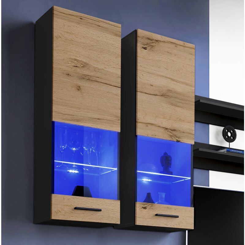 Extreme Furniture - Vitrine Murales Suspendue T51, (LxHxP): 40 x 120 x 29, corps en Noir Mat, Façades en Wotan Mat, blue LEDs