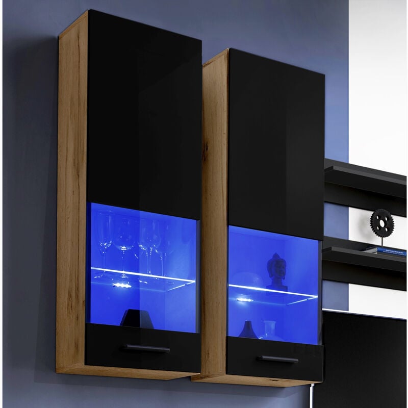 Extreme Furniture - Vitrine Murales Suspendue T51, (LxHxP): 40 x 120 x 29, corps en Wotan Mat, Façades en Noir Brillant, sans led