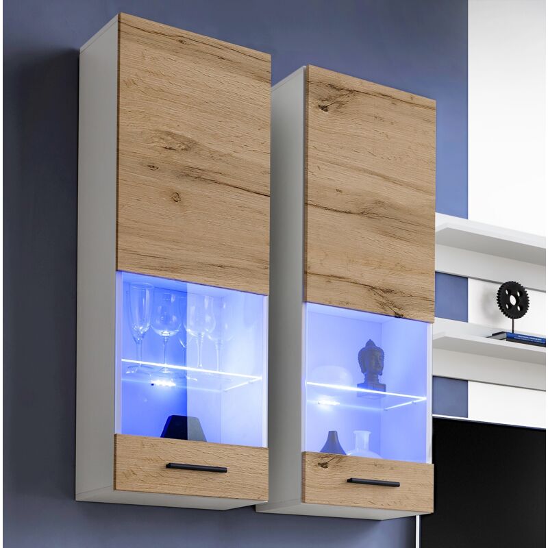 Extreme Furniture - Vitrine Murales Suspendue T51, (LxHxP): 40 x 120 x 29, corps en Blanc Mat, Façades en Wotan Mat, sans led