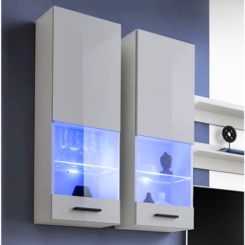 Extreme Furniture - Vitrine Murales Suspendue T51, (LxHxP): 40 x 120 x 29, corps en Blanc Mat, Façades en Blanc Brillant, blue LEDs
