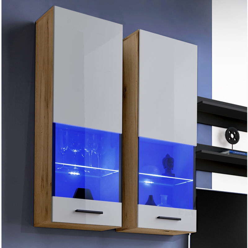 Extreme Furniture - Vitrine Murales Suspendue T51, (LxHxP): 40 x 120 x 29, corps en Wotan Mat, Façades en Blanc Brillant, sans led