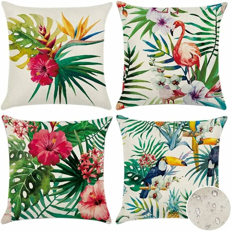 Erhope - 45x45cm Extérieur Housse de Coussin, Lot de 4 Imperméable Plantes et Fleurs Tropicales et Oiseaux Motif Canapé Taie d'oreiller pour Patio