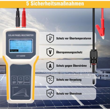 EY1600W Tester per pannelli solari fotovoltaici Multimetro Misuratore di potenza Rilevatore di tensione a circuito aperto con rilevamento automatico MPPT Display LCD