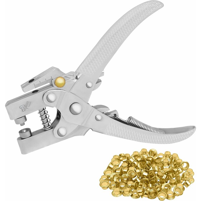 Eyelet Pliers with 100 Eyelets - 16cm Leather Belt Punch Pliers - 7.2mm Gold Metal Eyelets - For Fabrics, Clothes, Shoes, Bags and Crafts