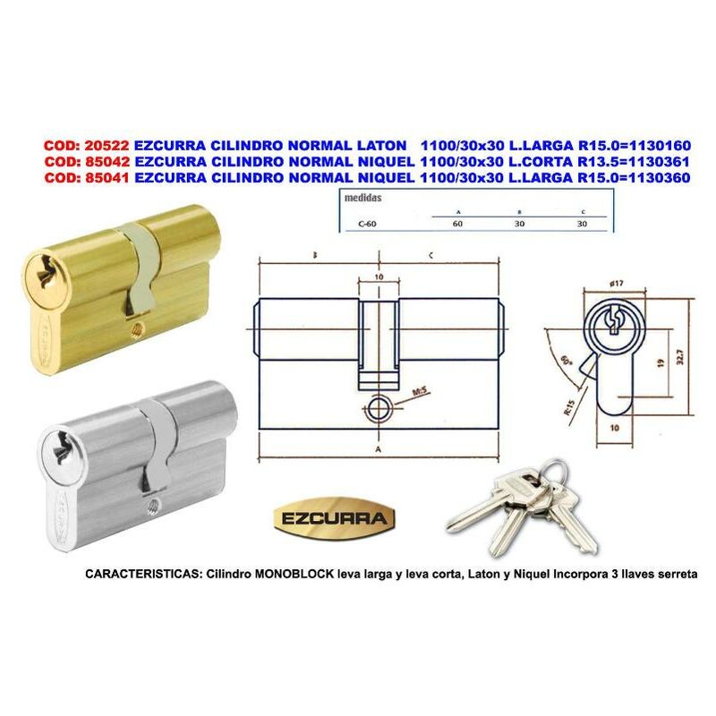 

ezcurra cilindro normal laton 1100-30x30 l.larga r15.0 1130160 - Mibricotienda