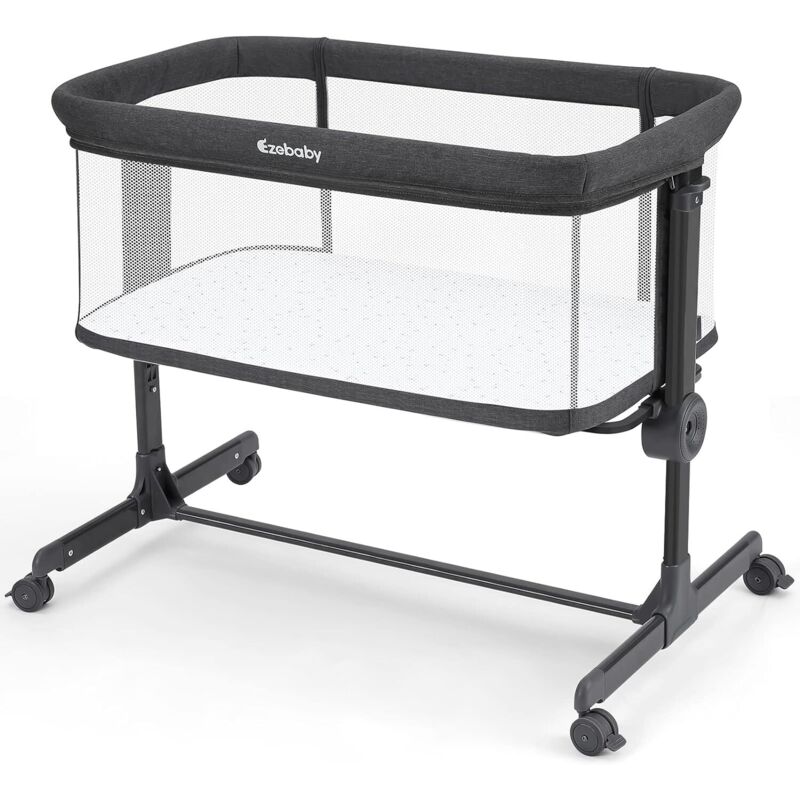 Lit Cododo 2 en 1,Berceau Bébé dès la Naissance et jusqu'à 9kg,7 Réglage de la Hauteur,Matelas Roues Fenêtres Latérales en Maille - Gris Foncé