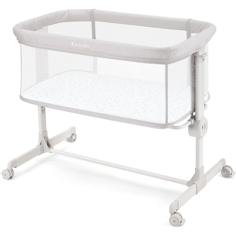Lit Cododo 2 en 1,Berceau Bébé dès la Naissance et jusqu'à 9kg,7 Réglage de la Hauteur,Matelas Roues Fenêtres Latérales en Maille - Gris clair