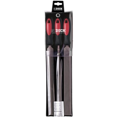 F. DICK 1310250-2K Set di 3 Lime da Officina, in Sacchetto di plastica con Manico a Due componenti, Nero/Rosso, 250 mm