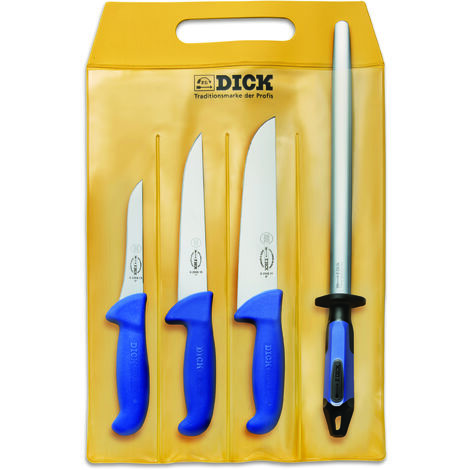 F. DICK Juego de cuchillos ErgoGrip de 4 piezas (cuchillo para deshuesar “estrecho” de 13 cm, cuchillo para perforar 18 cm, cuchillo para bloques, 21 cm, acero para afilar FineCut, HRC 56°) 82555000