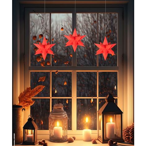 F-H-S International schwebende LED Kunststoff-Sterne, 3er Set rot, je 10 warmweiße LED, 13 cm, wertige Fernbedienung, Dimmer und Timerfunktion 6/18 Std