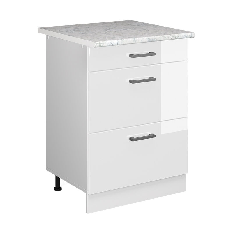 Meuble cuisine R-Line, Blanc Haute brillance, 60 cm avec tiroirs, pt Marbre Vicco