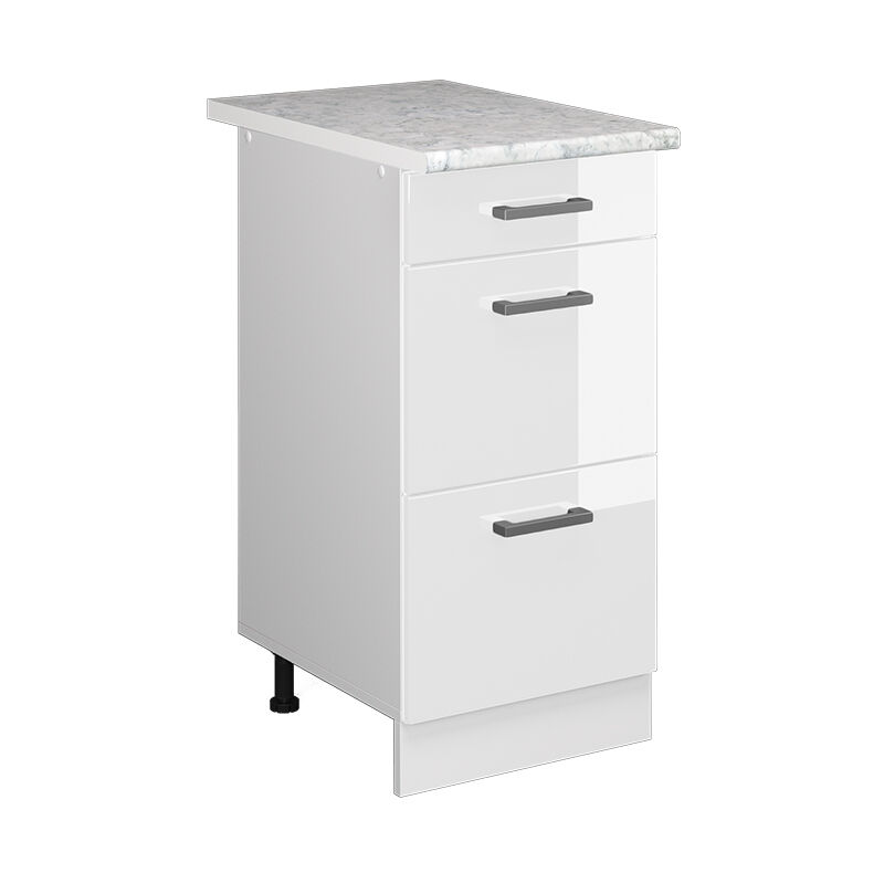 Meuble cuisine R-Line, Blanc Haute brillance, 40 cm avec tiroirs, pt Marbre Vicco