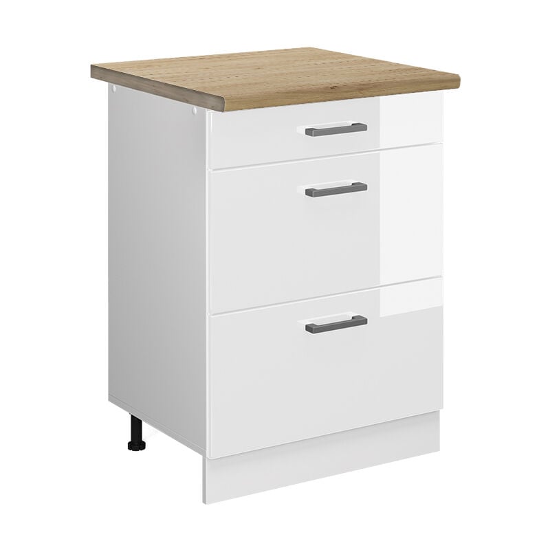 Meuble cuisine R-Line, Blanc Haute brillance, 60 cm avec tiroirs, pt Chêne Vicco