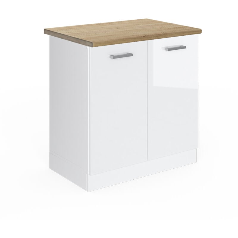 Meuble bas sous-évier R-Line, Blanc Haute brillance, 80 cm, pt Chêne Vicco