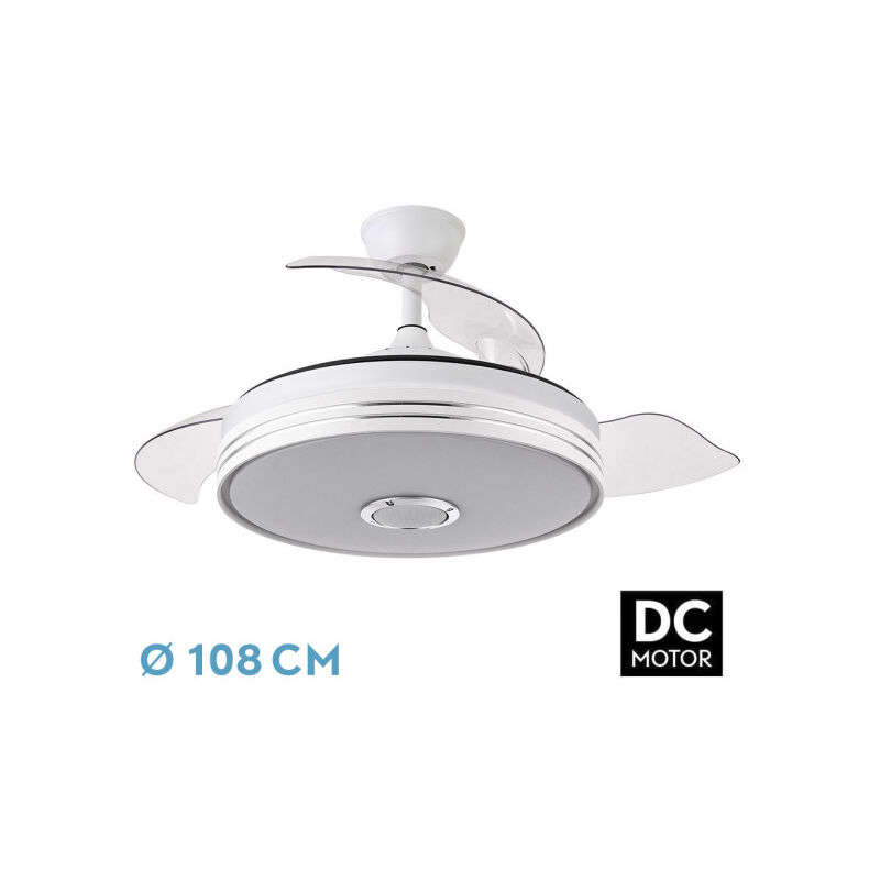 Fabrilamp - matanuska Ventilateur de plafond de avec lumière led, moteur dc, couleur blanche, pales rétractables, télécommande, minuterie, mémoire de