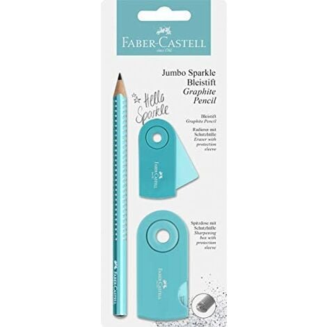 Faber castell crayon graphite jumbo sparkle + gomme + taille-crayon turquoise sous blister