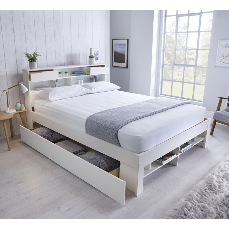 Fabio Wooden Bed White Double With 2 Drawers