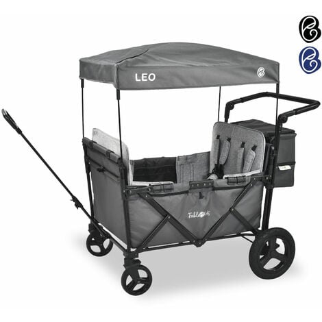 AREBOS FableKids Bollerwagen Leo X4Plus mit Dach 4 Sitzplätze Faltbarer Transportwagen XXL-Hecktasche 4X 5-Punkt-Gurt 360° Offroad Räder Fußbremse Oxford 600D Belüftungsnetze Fossil Grau