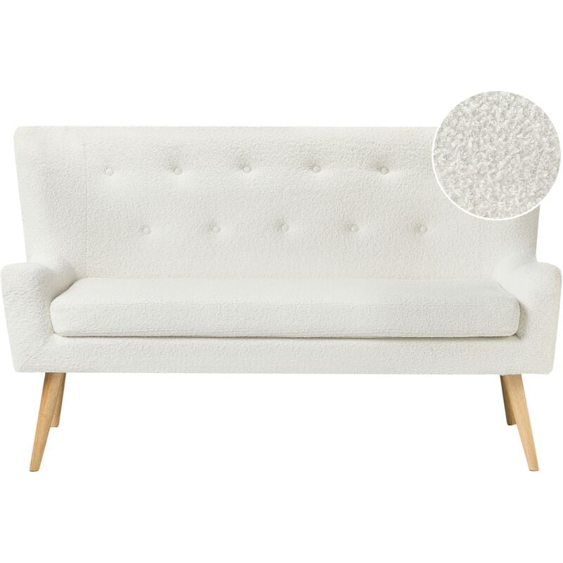 Beliani - Fabric 2-Seater Kitchen Wingback Sofa White Boucle Light Wood Legs Bench Skibby