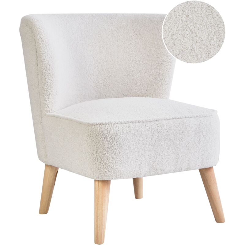 Beliani Fabric Armchair Boucle Upholstery Rubber Wood Legs Living Room Armless Off-white Alven