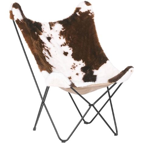 Fabric Armchair Cow Pattern Butterfly Chair Hairpin Legs Brown with White Nybro