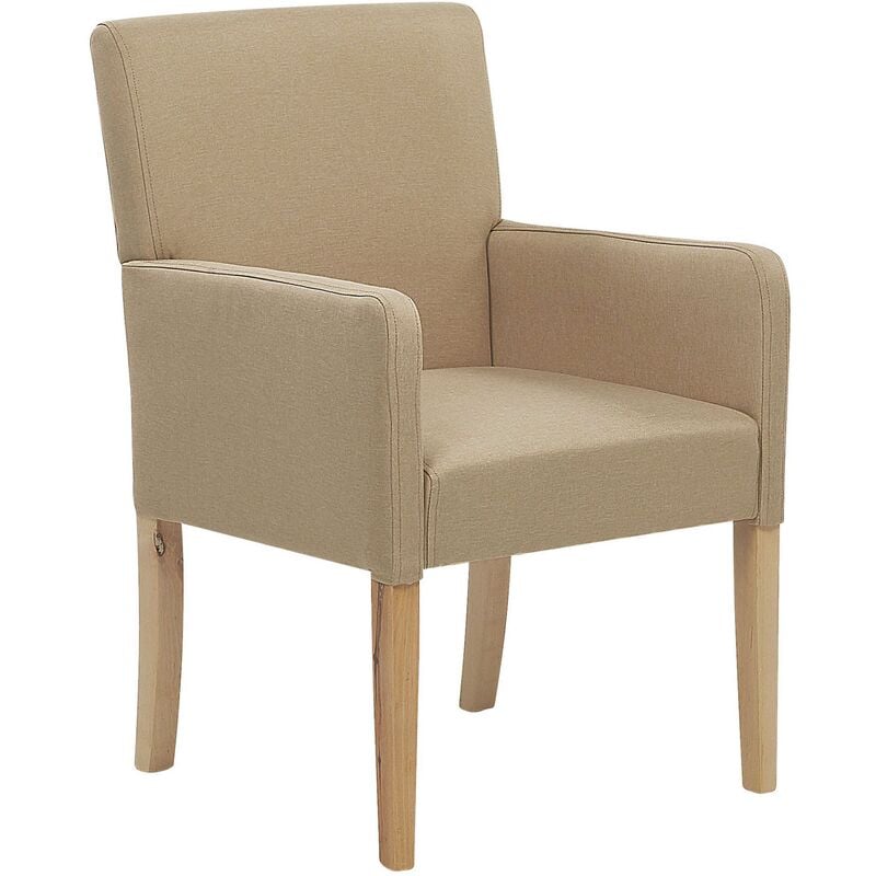 Upholstered Dining Chair with Arms Beige Fabric Wooden Legs Rockefeller