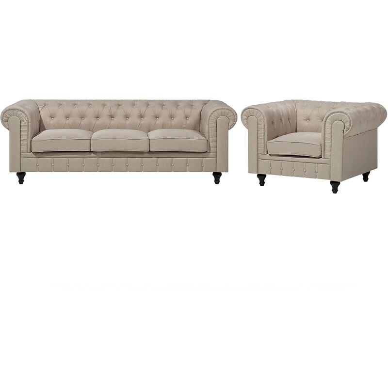 Classic Living Room Sofa Set 3 Seater Armchair Buttoned Beige Chesterfield Big