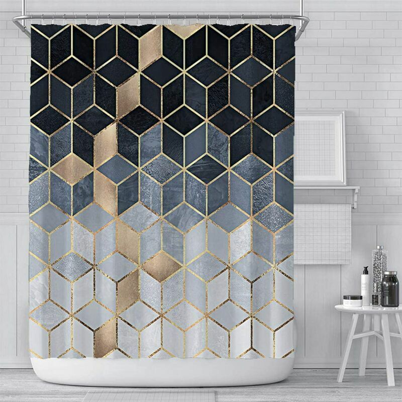 Fabric Marble Fabric Shower Curtain Black Blue Gold and Gray Shower Curtain Set, Modern Marble Geometric Grid Shower Curtains for Bathroom, Heavy