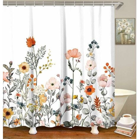 Fabric Shower Curtain with 12 Hooks Floral Pattern Modern Bathroom Accessory Machine Washable 180 x 200cm