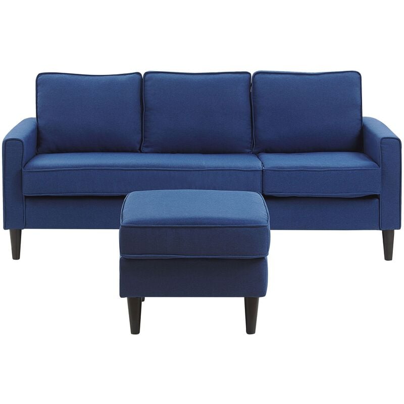 Mid-Century Transitional 3 Seater Navy Blue Fabric Sofa with Ottoman Avesta