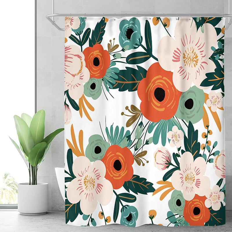Fabric spring flower shower curtain bathroom decoration 150 cm wide x 180 cm red floral green leaf bathtub accessories suitable for girls and ladies